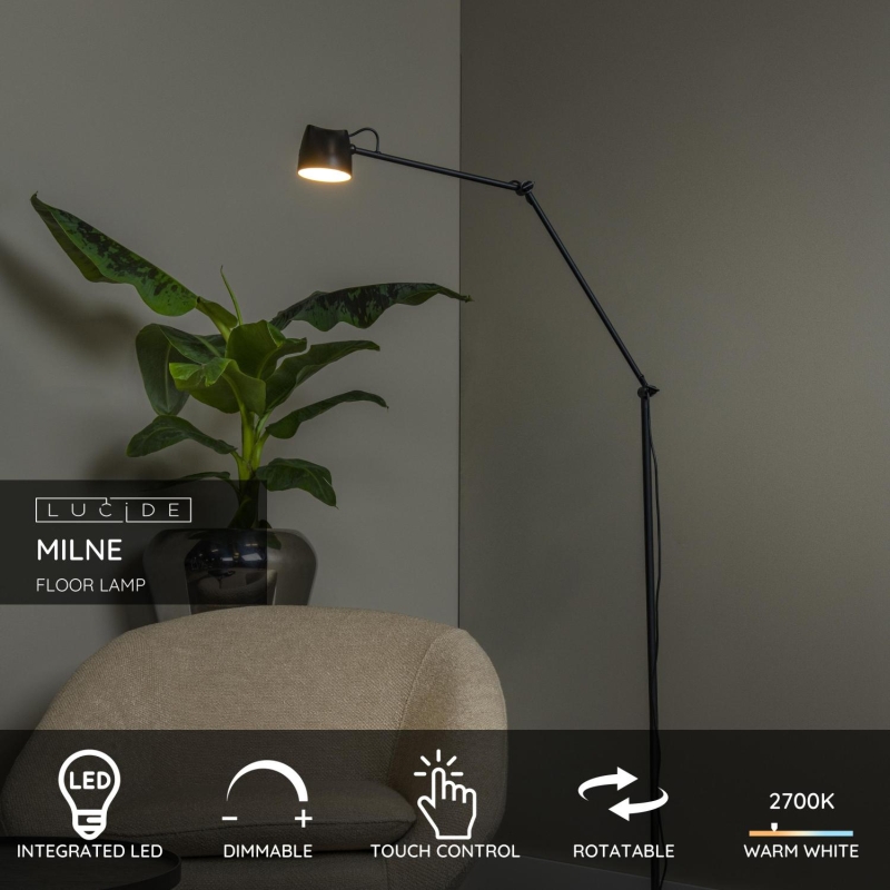 Lucide MILNE - Floor lamp - LED Dim. - 1x8W 2700K - Black